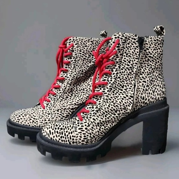 Gianni Binni Tan Red Ryedderr Cheetah Heeled Lug Sole Combat Boots Leather 6.5 - Picture 1 of 12